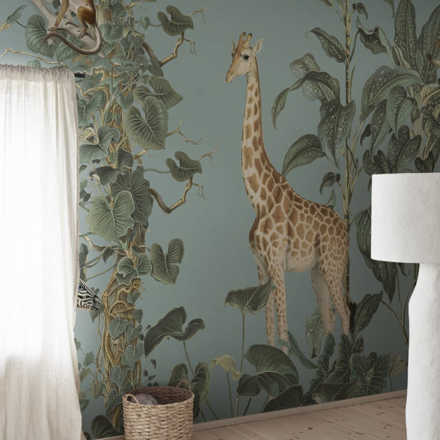 Fototapet Wildlife Stroll, Blue cu girafe si zebre in jungla