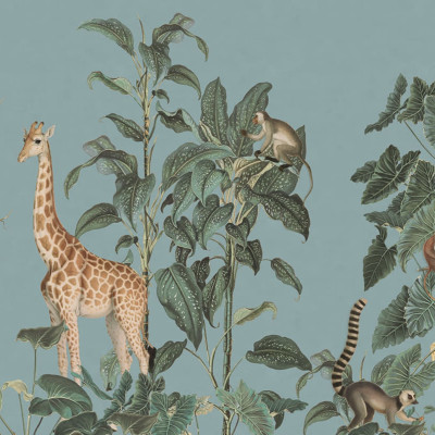 Fototapet Wildlife Stroll, Blue cu girafe si zebre in jungla