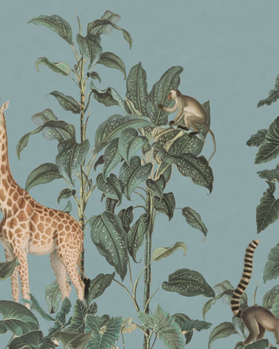 Fototapet Wildlife Stroll, Blue cu girafe si zebre in jungla