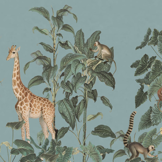 Fototapet Wildlife Stroll, Blue cu girafe si zebre in jungla