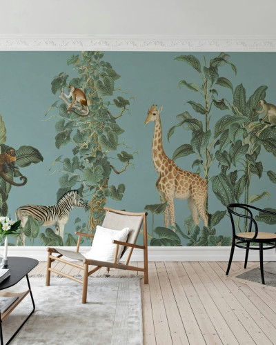 Fototapet Wildlife Stroll, Blue cu girafe si zebre in jungla