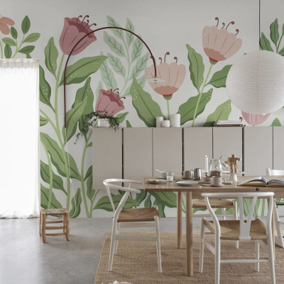 Tapet floral Big Blossom, Pink cu flori roz pe un fundal verde deschis