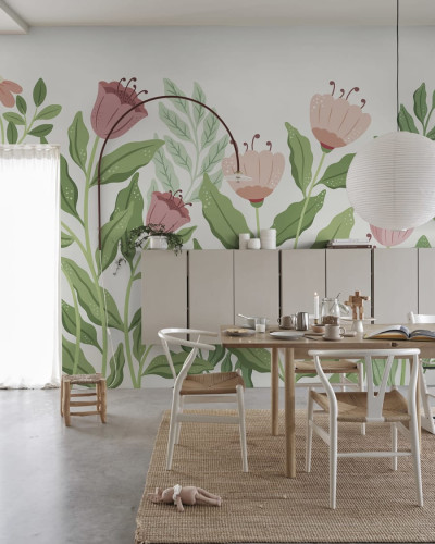 Tapet floral Big Blossom, Pink cu flori roz pe un fundal verde deschis