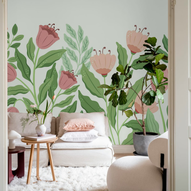 Tapet floral Big Blossom, Pink cu flori roz pe un fundal verde deschis