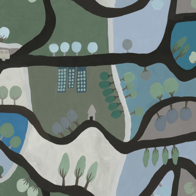 Tapet cu design abstract Road Trip, Blue & Green, cu dealuri ondulate, copaci si case, in culori albastre si verzi.