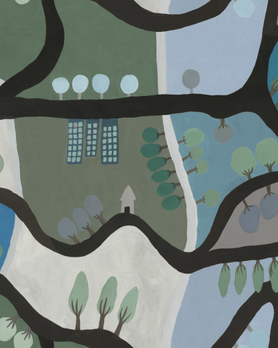 Tapet cu design abstract Road Trip, Blue & Green, cu dealuri ondulate, copaci si case, in culori albastre si verzi.