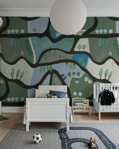 Tapet cu design abstract Road Trip, Blue & Green, cu dealuri ondulate, copaci si case, in culori albastre si verzi.