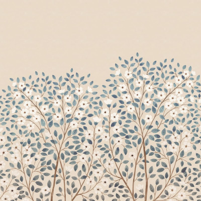 Tapet cu flori albe si frunze albastre, Blossom Tree, Blue.