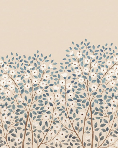 Tapet cu flori albe si frunze albastre, Blossom Tree, Blue.