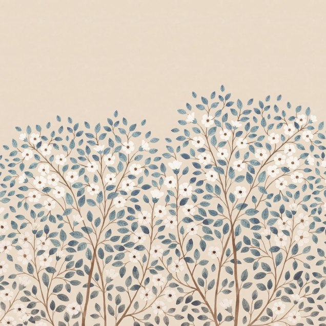 Tapet cu flori albe si frunze albastre, Blossom Tree, Blue.