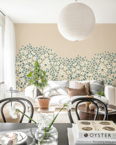 Tapet cu flori albe si frunze albastre, Blossom Tree, Blue.