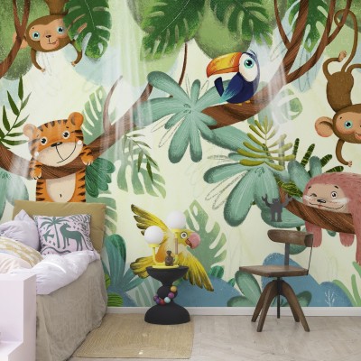 Jungle Buddies Green wallpaper, featuring a jungle scene with a tiger, monkeys, a toucan, and a sloth.