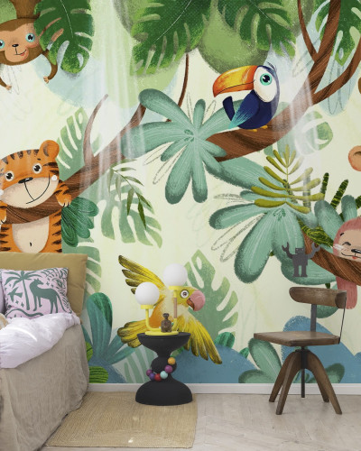 Jungle Buddies Green wallpaper, featuring a jungle scene with a tiger, monkeys, a toucan, and a sloth.