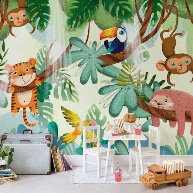 Jungle Buddies Green wallpaper, featuring a jungle scene with a tiger, monkeys, a toucan, and a sloth.