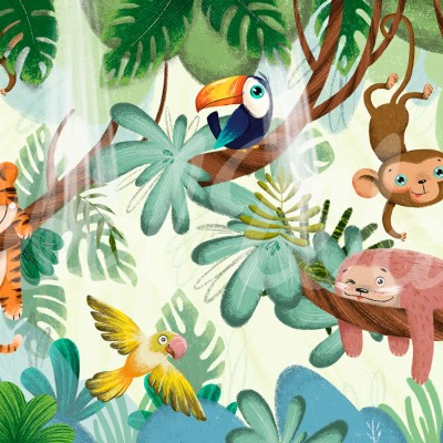 Jungle Buddies Green wallpaper, featuring a jungle scene with a tiger, monkeys, a toucan, and a sloth.
