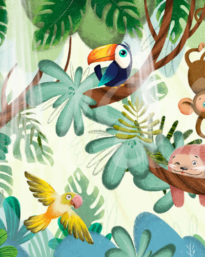 Jungle Buddies Green wallpaper, featuring a jungle scene with a tiger, monkeys, a toucan, and a sloth.
