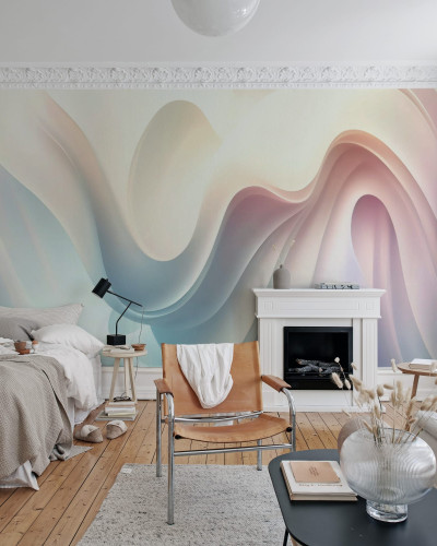 Wallpaper abstract cu nuanțe pastelate Soft Waves, Pastel. Imaginea prezintă un perete cu wallpaper-ul, o canapea și un fotoliu în camera de zi.