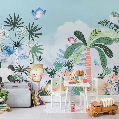 Tapet cu design de junglă pastelat, cu animale drăguțe și plante tropicale, perfect pentru camera copiilor.