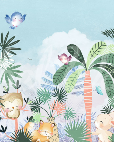 Tapet cu design de junglă pastelat, cu animale drăguțe și plante tropicale, perfect pentru camera copiilor.