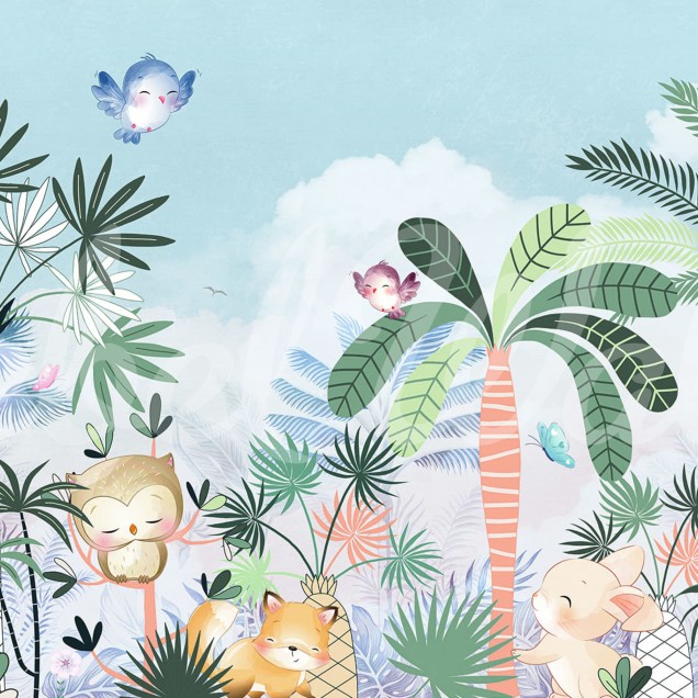 Tapet cu design de junglă pastelat, cu animale drăguțe și plante tropicale, perfect pentru camera copiilor.