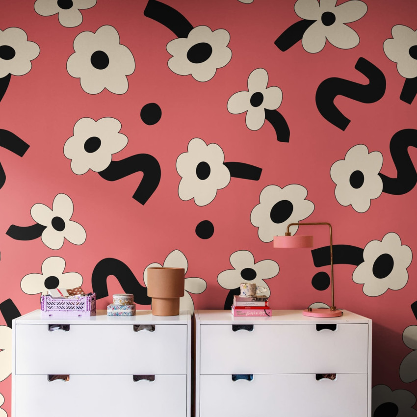 Wallpaper Dancing Flowers, Blue, cu flori albe pe un fundal albastru, ideal pentru decorarea unui dormitor sau a unui living