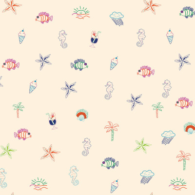 Tapet cu design Summer Lo-Fi Beige, cu elemente desenate manual, inspirat de vacanța la plajă.