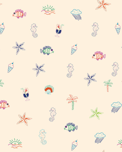 Tapet cu design Summer Lo-Fi Beige, cu elemente desenate manual, inspirat de vacanța la plajă.