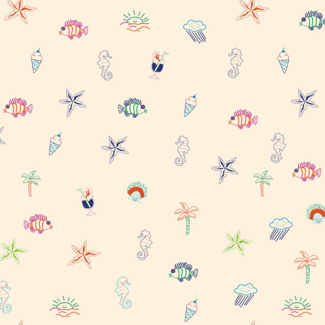 Tapet cu design Summer Lo-Fi Beige, cu elemente desenate manual, inspirat de vacanța la plajă.