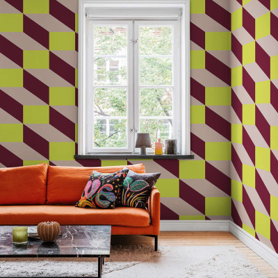 Tapet geometric modern cu culori vibrante, Filled Optic, Lime & Red