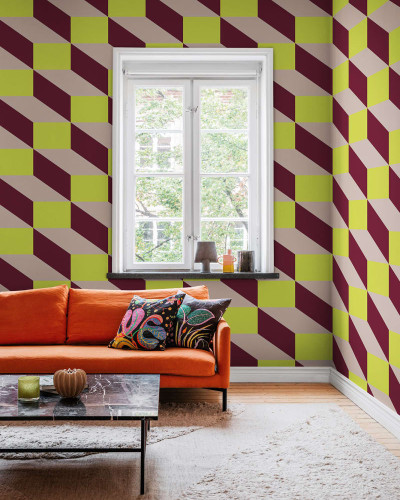 Tapet geometric modern cu culori vibrante, Filled Optic, Lime & Red