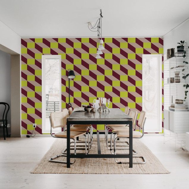 Tapet geometric modern cu culori vibrante, Filled Optic, Lime & Red