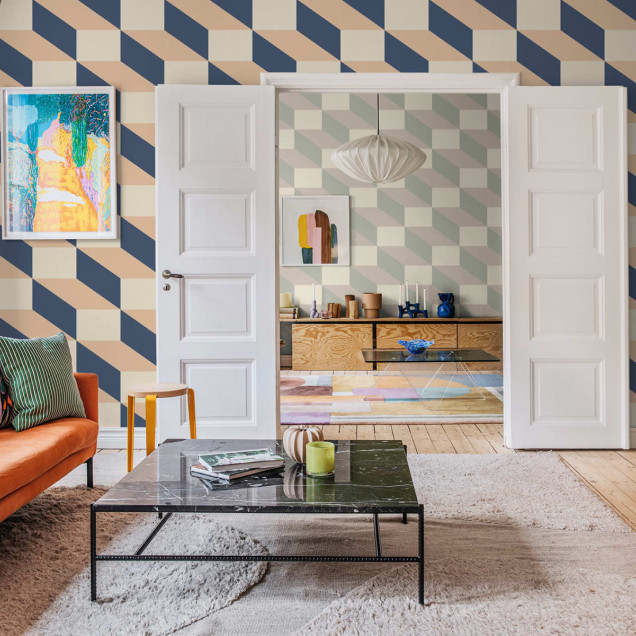 Tapet geometric modern Filled Optic Blue & Pink, cu un design unic in nuante de albastru si roz, perfect pentru bucatarie.