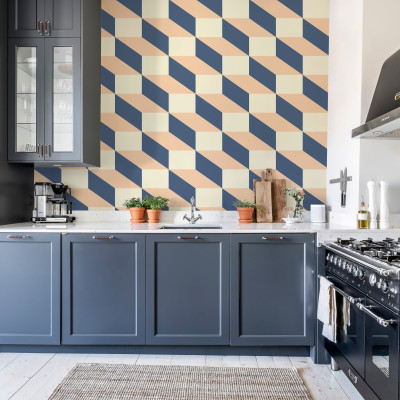 Tapet geometric modern Filled Optic Blue & Pink, cu un design unic in nuante de albastru si roz, perfect pentru bucatarie.