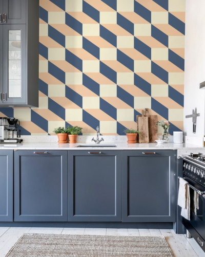 Tapet geometric modern Filled Optic Blue & Pink, cu un design unic in nuante de albastru si roz, perfect pentru bucatarie.