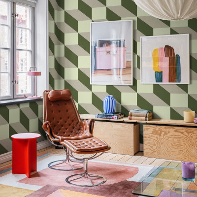 Tapet geometric cu forme tridimensionale in nuante de verde