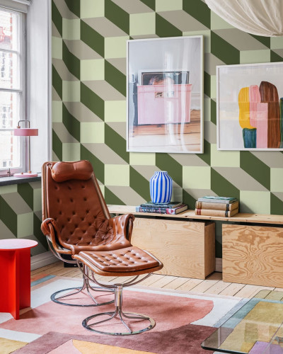 Tapet geometric cu forme tridimensionale in nuante de verde