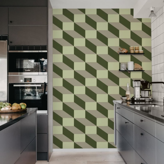 Tapet geometric cu forme tridimensionale in nuante de verde