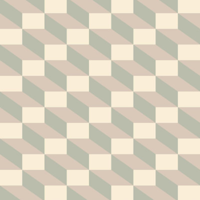 Tapet geometric 3D cu model Filled Optic, Bej, prezentat într-o bucătărie modernă cu o masă din lemn și scaune negre