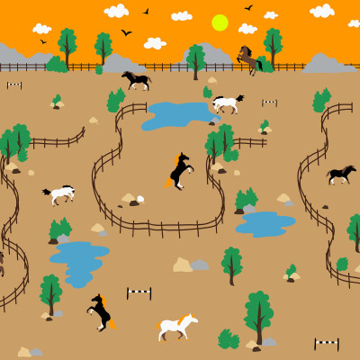 Tapet Happy Farm, Brown, cu cai si garduri