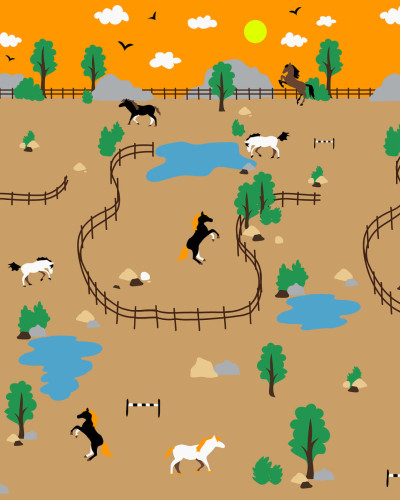 Tapet Happy Farm, Brown, cu cai si garduri