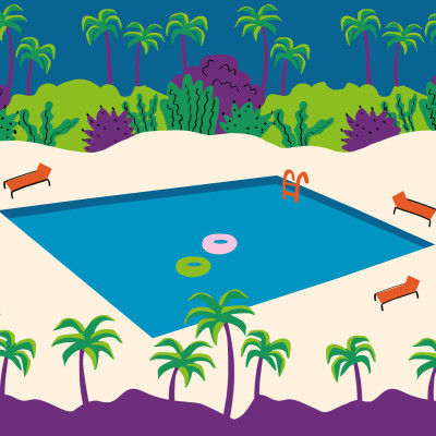 Tapet Florida, Blue, cu o piscina inconjurata de palmieri.