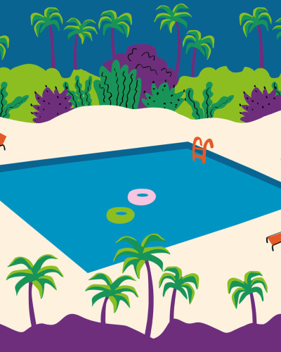 Tapet Florida, Blue, cu o piscina inconjurata de palmieri.