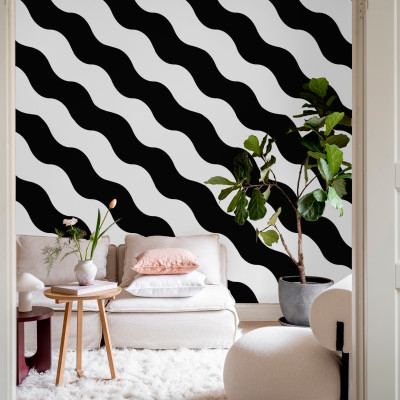 Polka Stripe, Black & White, un tapet modern cu un design geometric in negru si alb.