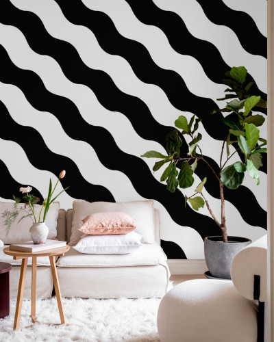 Polka Stripe, Black & White, un tapet modern cu un design geometric in negru si alb.