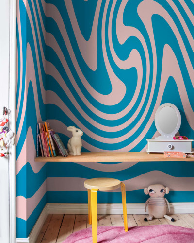 Wallpaper Happy Wobbly, Pink & Blue cu design abstract de linii ondulate în culorile roz și albastru