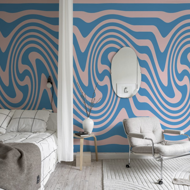 Wallpaper Happy Wobbly, Pink & Blue cu design abstract de linii ondulate în culorile roz și albastru