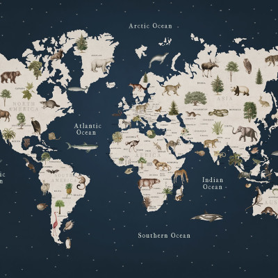 Animal World, Midnight tapet cu o harta a lumii pe fundal albastru inchis cu diverse animale desenate manual