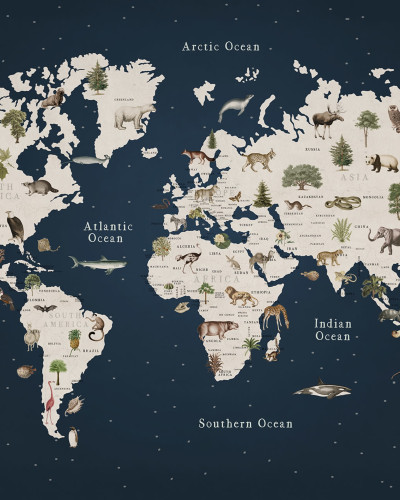 Animal World, Midnight tapet cu o harta a lumii pe fundal albastru inchis cu diverse animale desenate manual