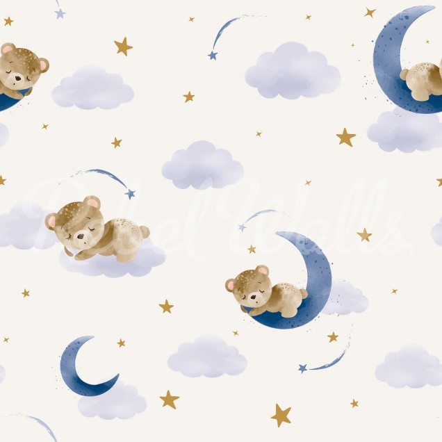Tapet cu ursuleti dormind pe luna si stelute stralucitoare.