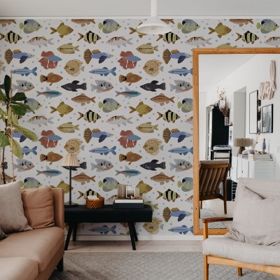 Tapet cu design modern Fish Shoal, Sand, cu pești colorați.